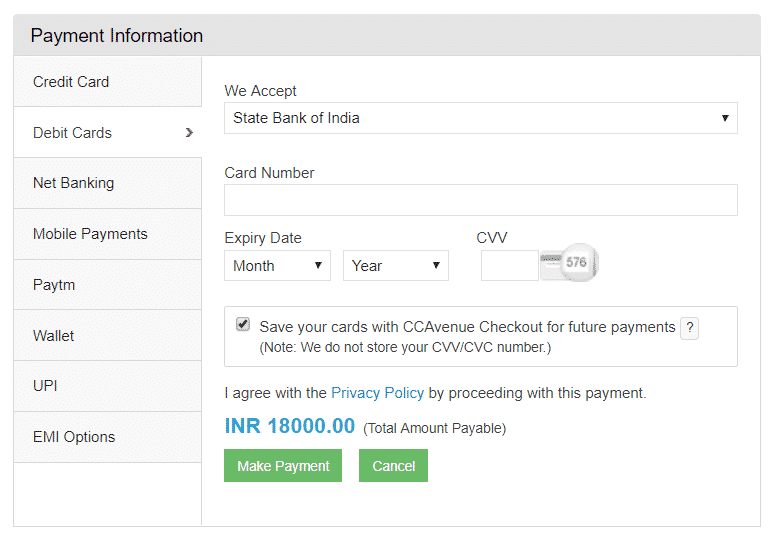 debit card payment screenshot