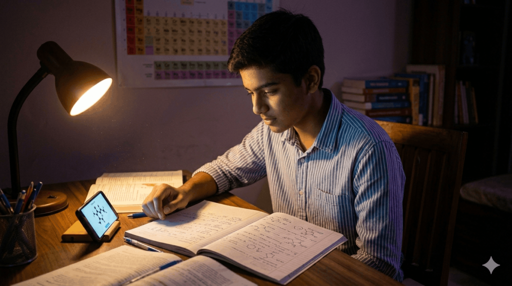 NEET aspirant studying Chemistry at a desk — how to score 170 in NEET Chemistry guide